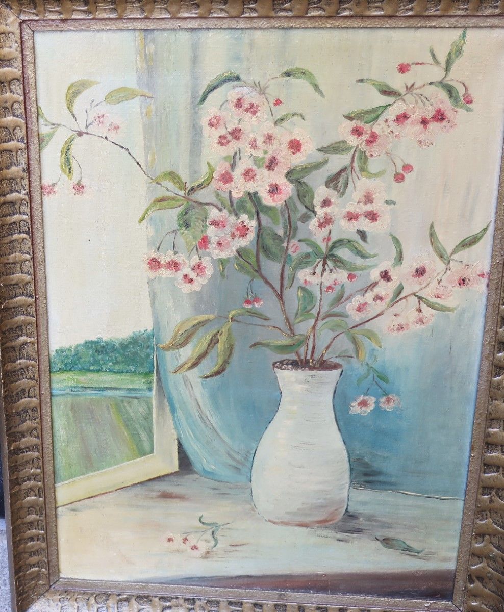 Null "Still life with cherry blossoms "Oil on canvas,unsigned,ca.72x49cm