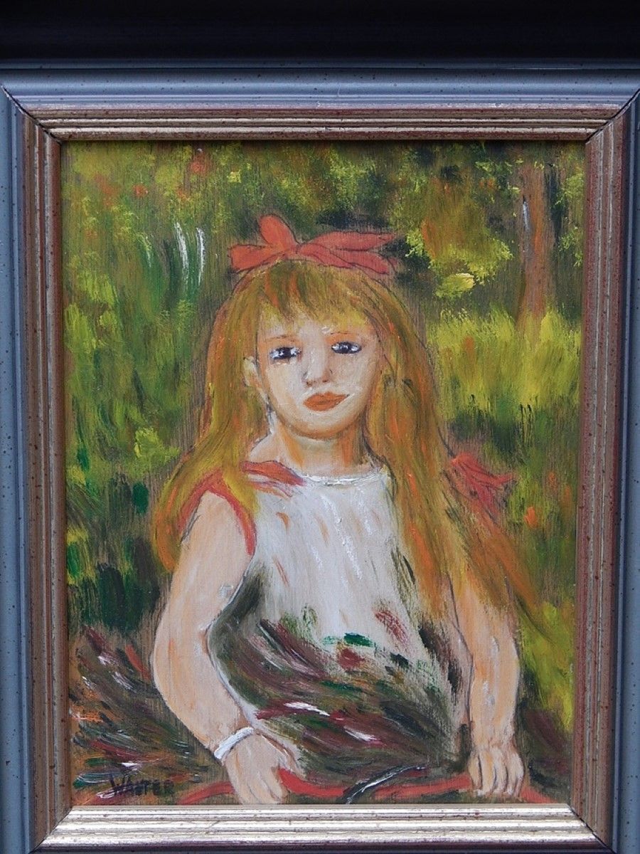 "Sitting girl with a bow in her hair",oil on wood,signed Walter, ca.24x18cm