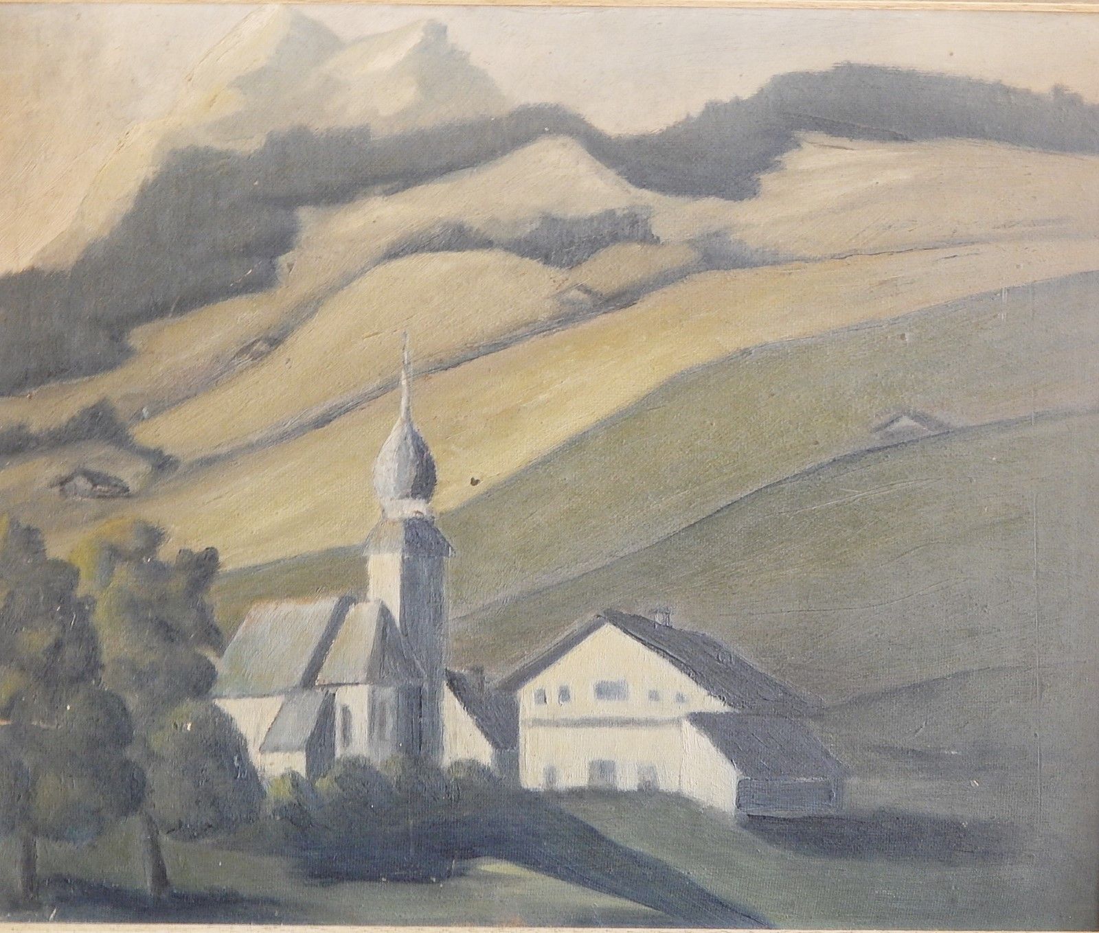 Null "阿尔卑斯山脚下的风景中的村庄"，硬纸板上的油画，无签名，约37x44.5厘米