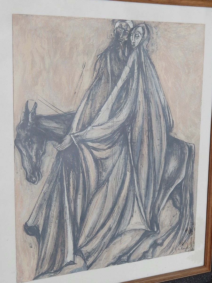 G.De Angelis "Marie et Joseph sur le chemin de Bethléem",aquarelle,signé et daté&hellip;