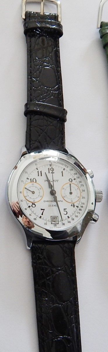 Chronographe Poljot "Classique",chromé,avec bracelet en cuir noir