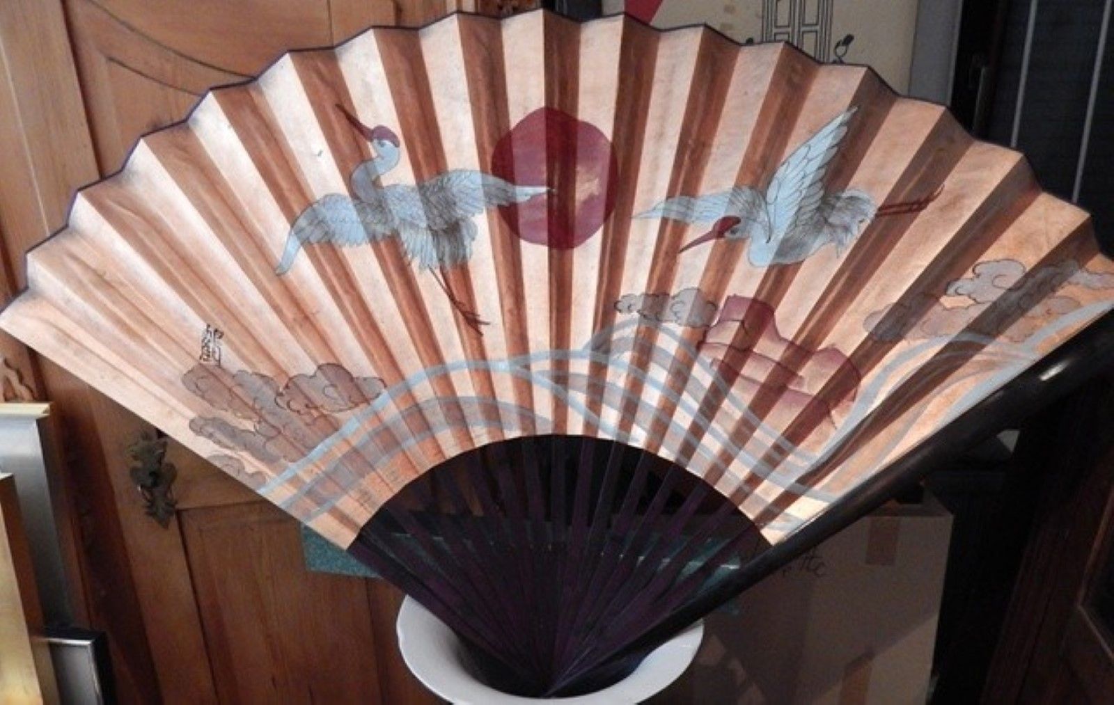 Null Large fan with cranes,hand painted