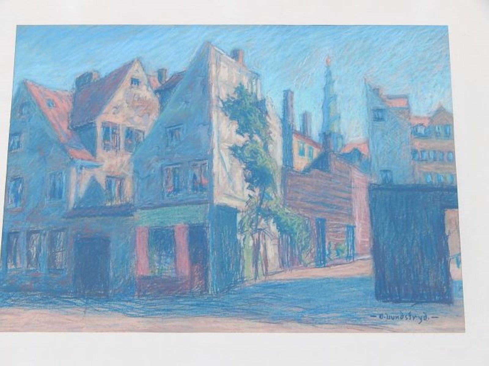 Null O.Lundstryd "Ligne de maisons",pastel,signé, cadrage env.28x37,5cm