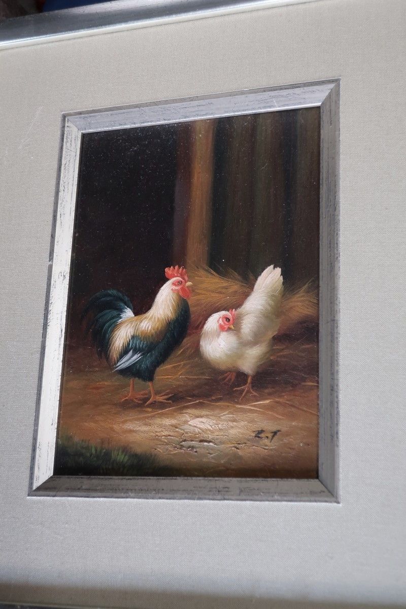 Null "Chickens",oil on painting board,monogrammed RT,picture detail ca.17,5x12,5&hellip;