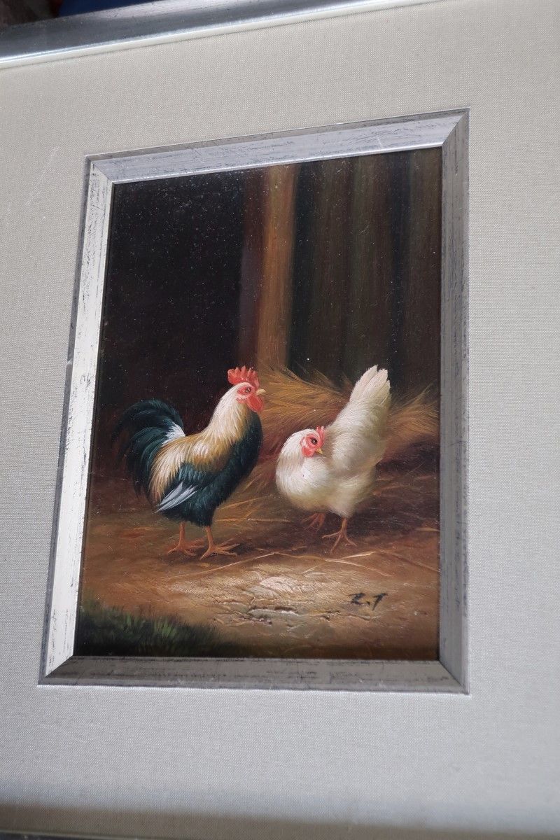 Null "Gallinas",óleo sobre tabla,monograma RT,detalle del cuadro ca.17,5x12,5cm