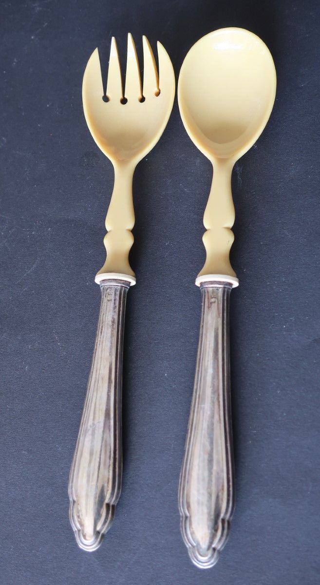 Null Salad servers with horned lobs,800 silver mount,together