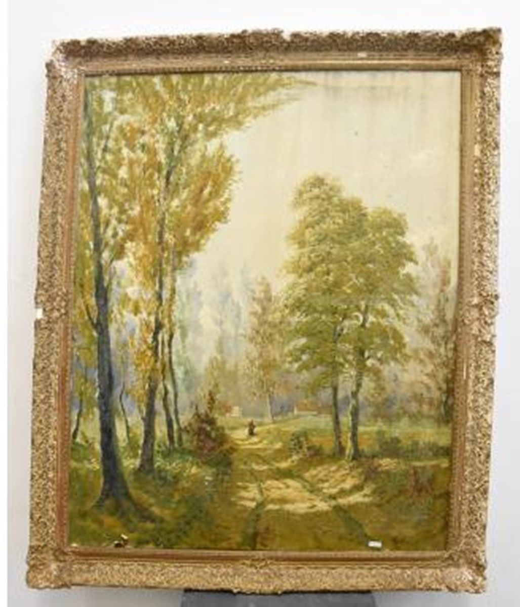Null "Waldlichtung mit Holzsammlerin",oil on canvas,damaged,signed Garot (probab&hellip;