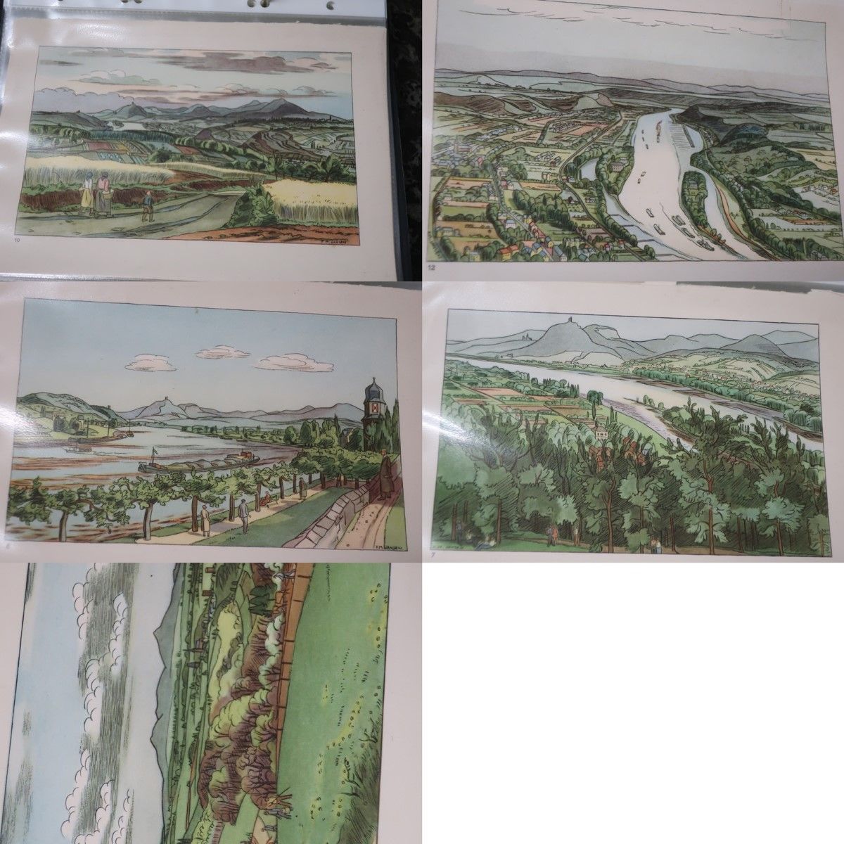 Null 莱茵河与西本格山脉的 7 幅混合景观，彩色印刷品，未装裱，约 14.5x21 厘米，合在一起