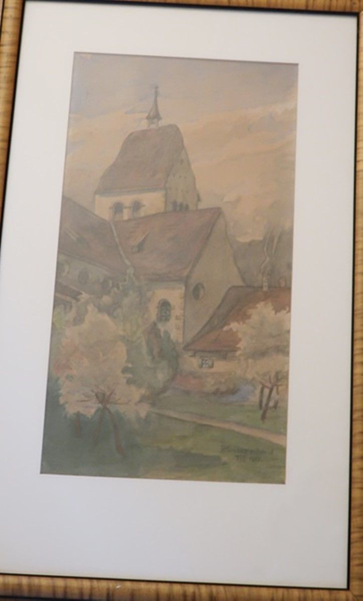 Null "教堂"，水彩画，签名 H.Messerschmid，日期 1908 年，画幅约 31x17.5 厘米