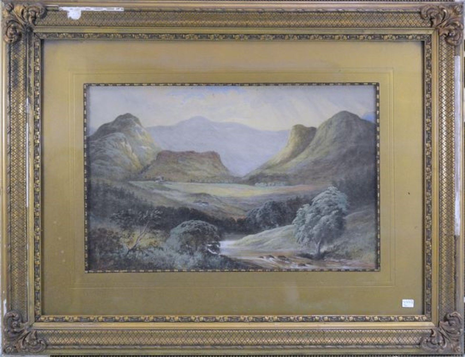 Null "浪漫山景"，水彩画，A.E.C.字样，1863 年，玻璃框，约 30x46 厘米