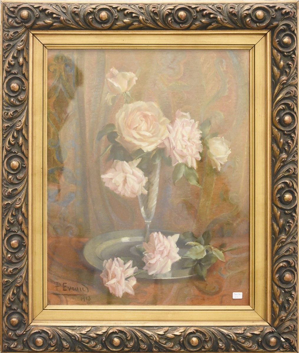 Null Paula Evrard（1867-1927 年），粉彩画 "有玫瑰的静物"，1923 年，约 50x40 厘米，有签名和年代，玻璃后装裱。