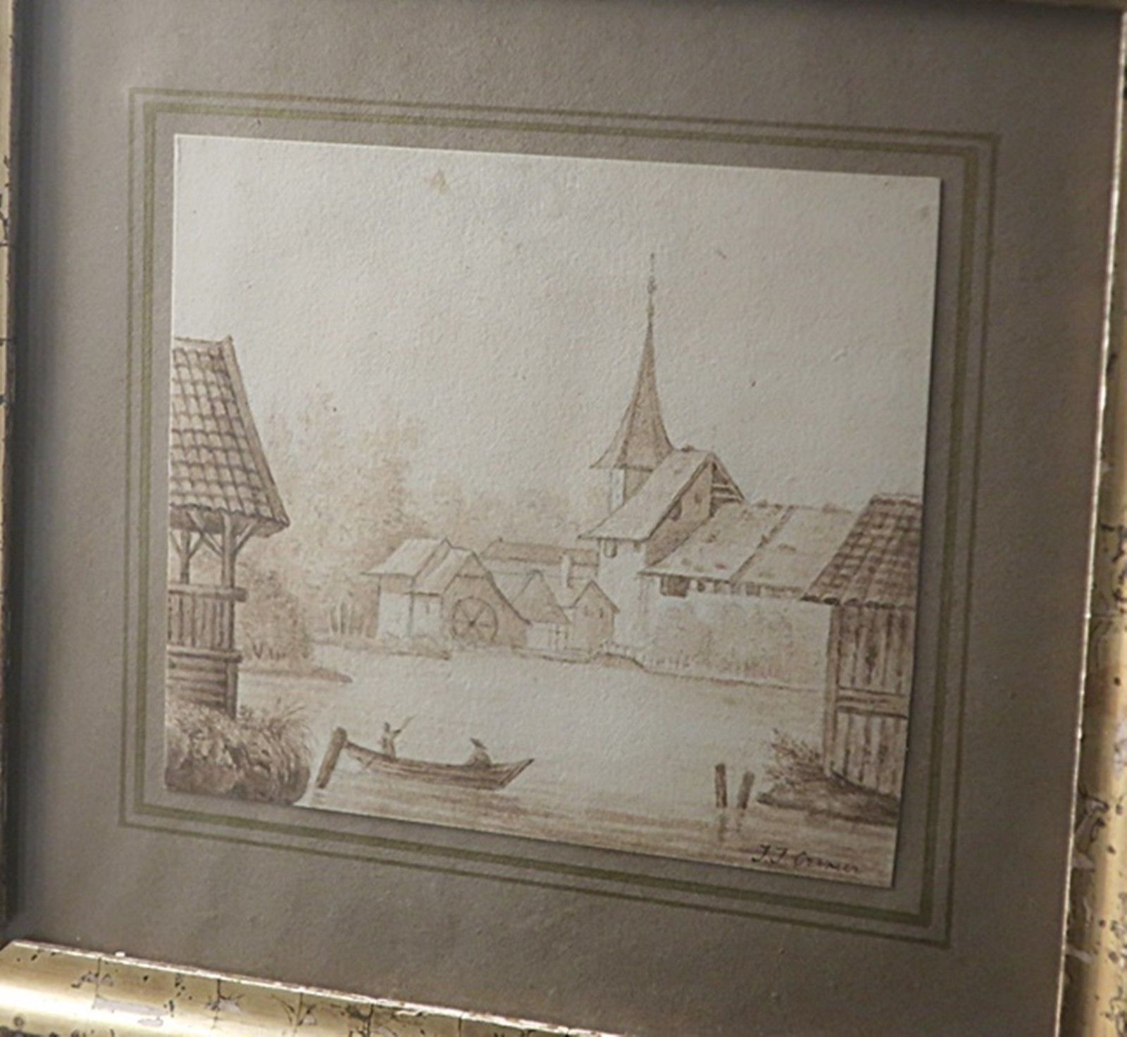 Null "浪漫的河流风景"，深褐色水墨画原稿，右下方签名 J.J.Cremer（1827-1880 年），BA 约 10.3x12.1cm，约 1800 年，&hellip;