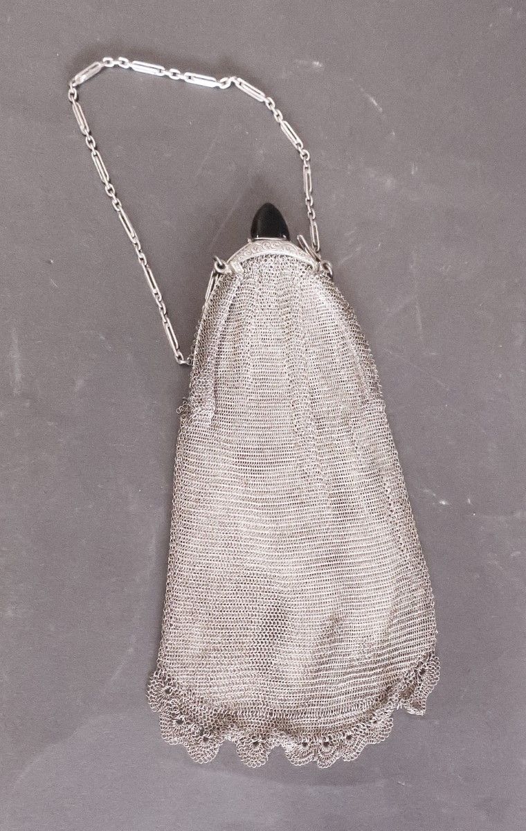 Null Pochette de bal, argent 800 avec bouton d'onix