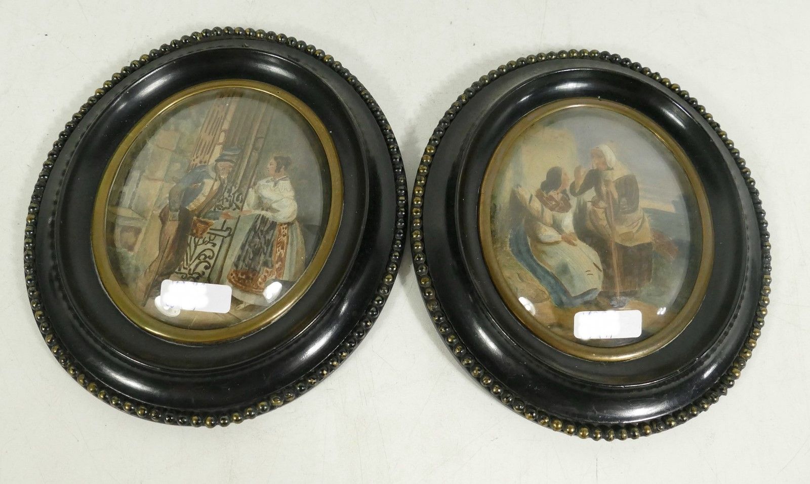 Null 2 scènes de genre,aquarelles,diamètre env.16cm,vers 1850,encadrées derrière&hellip;