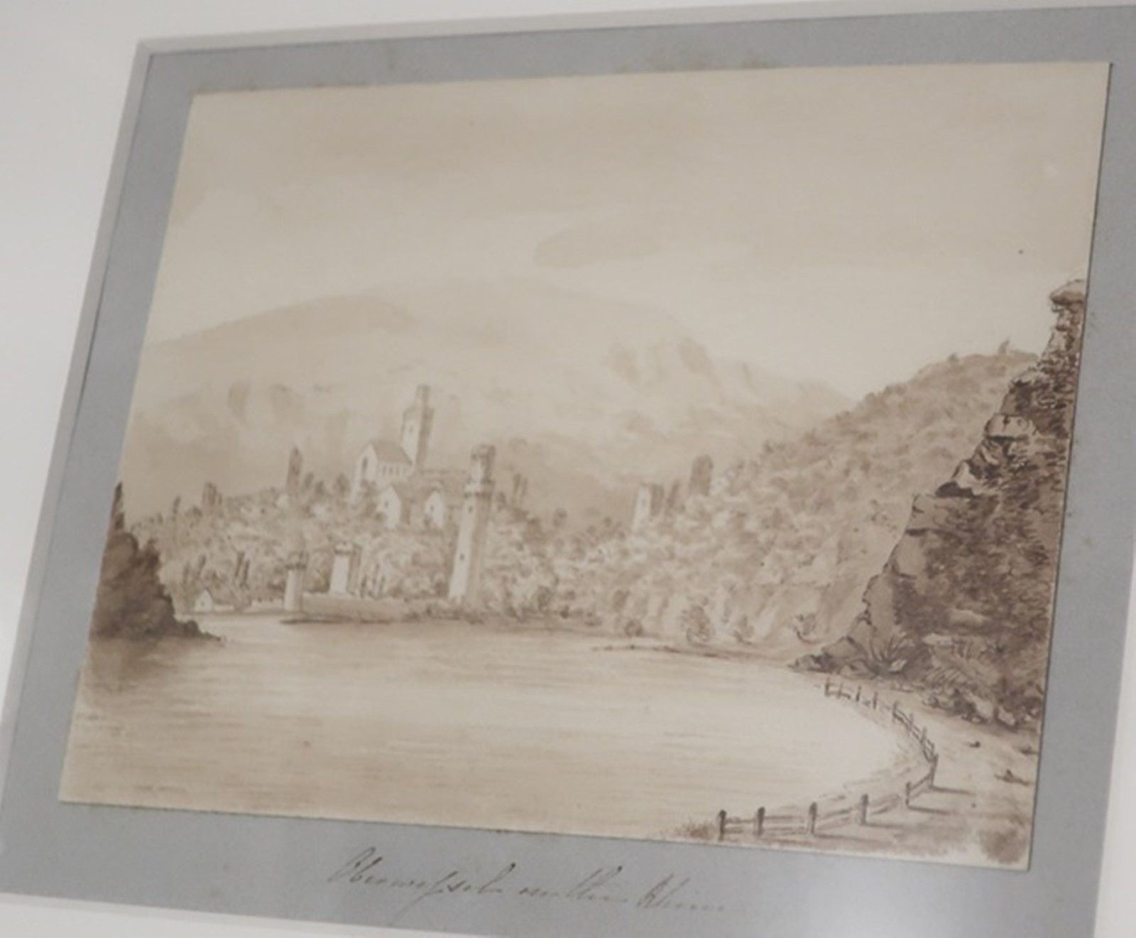 Null "上韦瑟尔的景色"，深褐色水彩与水洗深褐色墨水，难以辨认的签名，19 世纪上半叶，约 11.5 x 15.2 厘米，玻璃后装裱