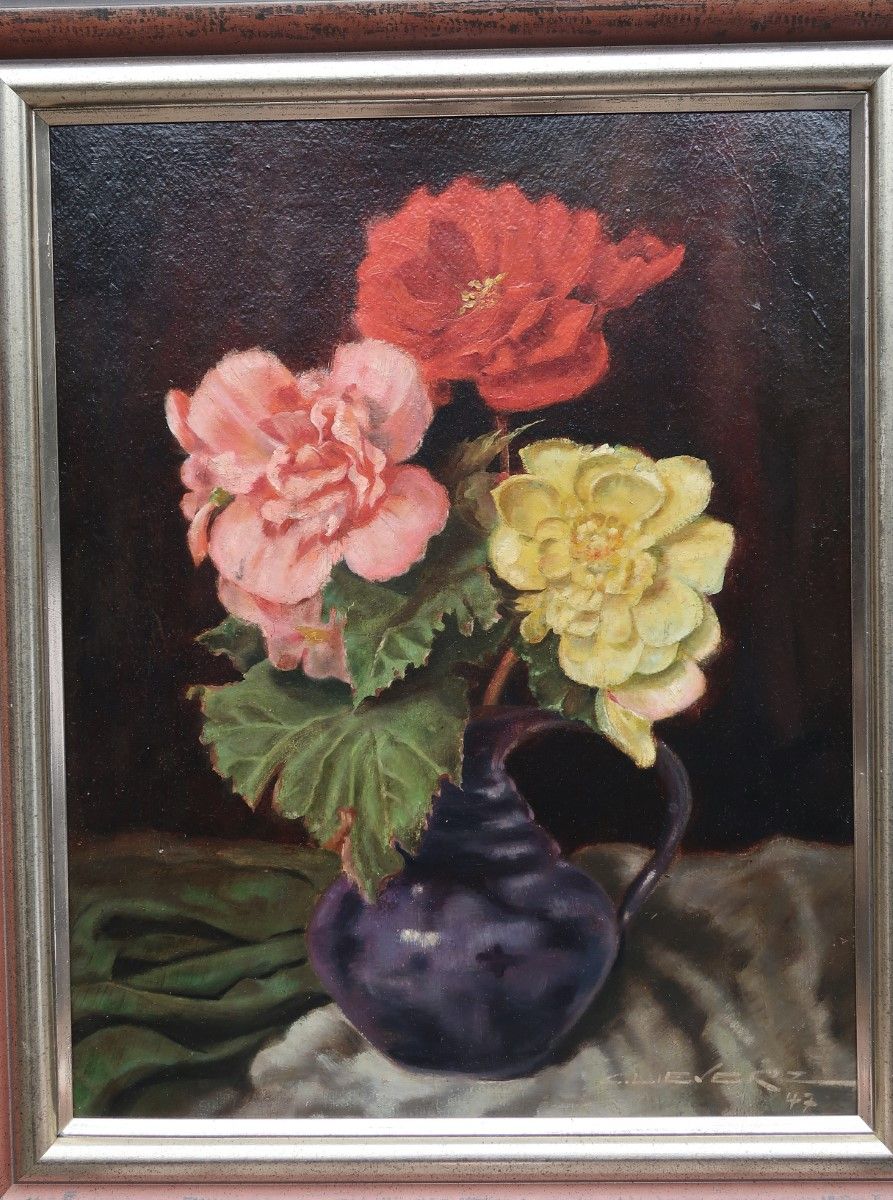 Null "带柄花瓶的花卉静物"，纸板油画，难以辨认的签名（C.Lieverez?