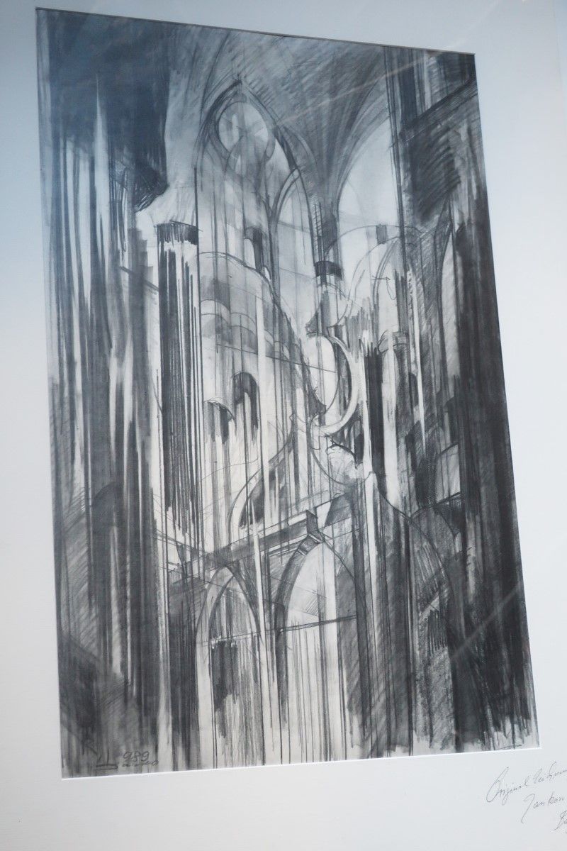 Null "Kircheninneres"，铅笔画，签名 Jankorr Zankow，保加利亚，图片尺寸约 59x38cm，玻璃后装裱