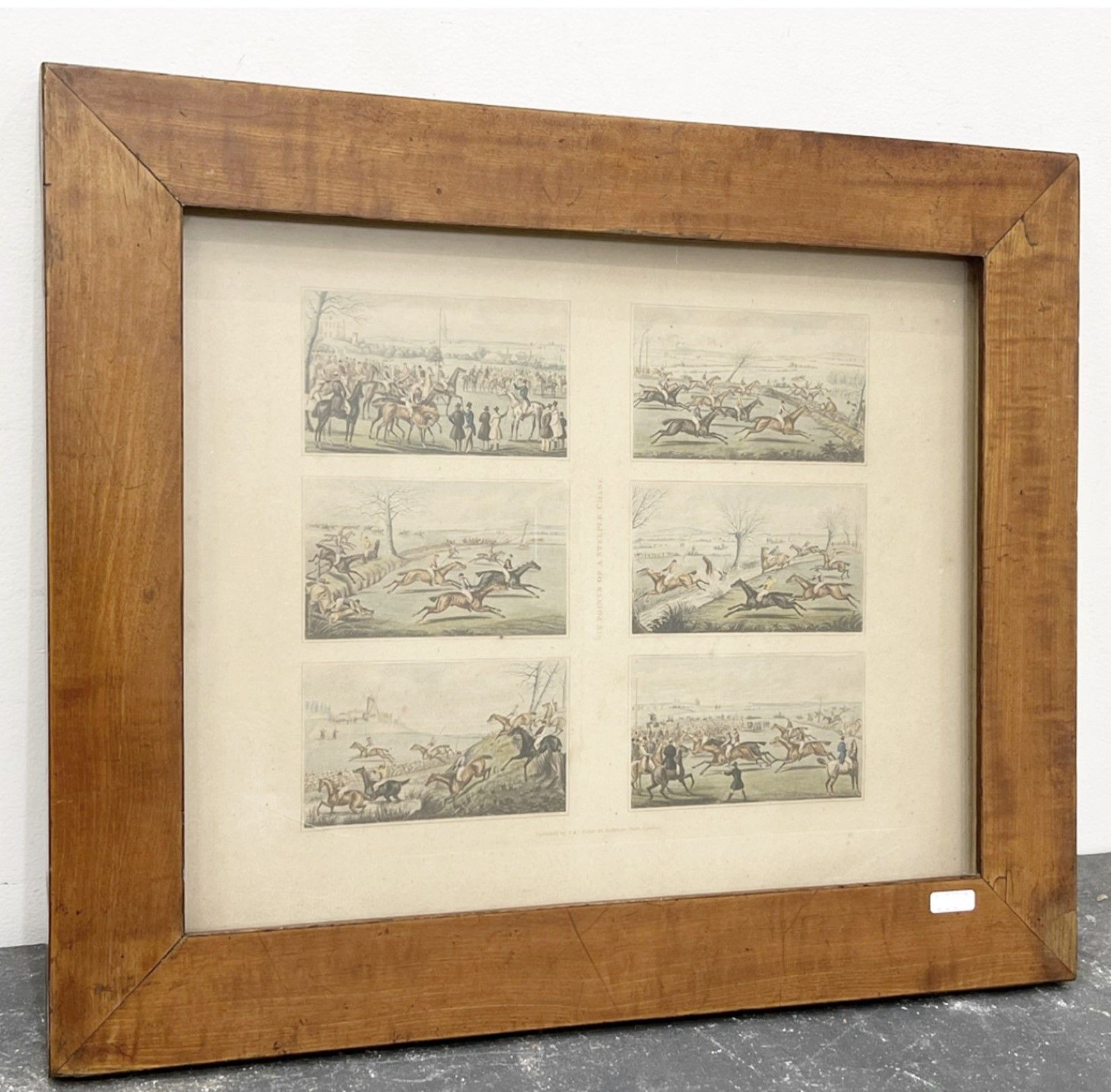 Null 19 世纪以骑马为主题的 6 幅彩色钢板雕刻混合批量，玻璃后装裱，画框尺寸约为 43x61 厘米、