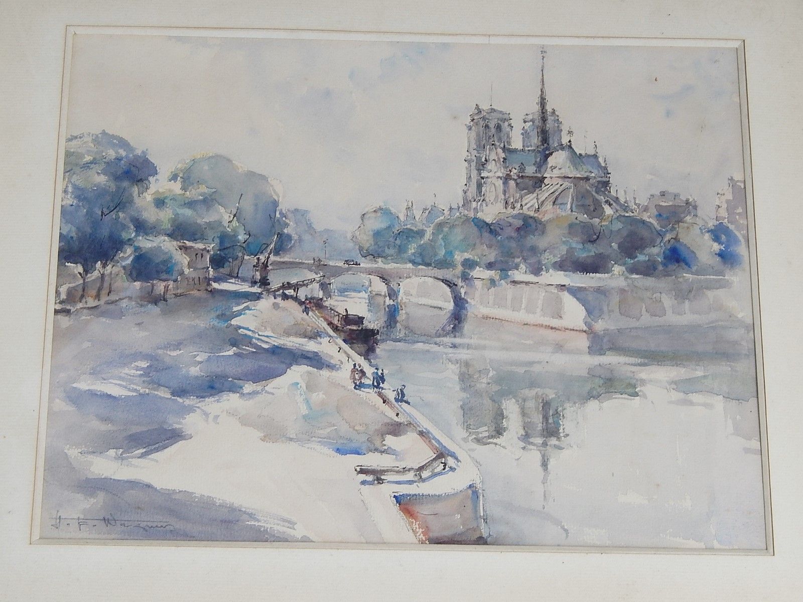 Null "巴黎圣母院景色"，水彩画，署名瓦格纳，画幅约 29x37.5 厘米
