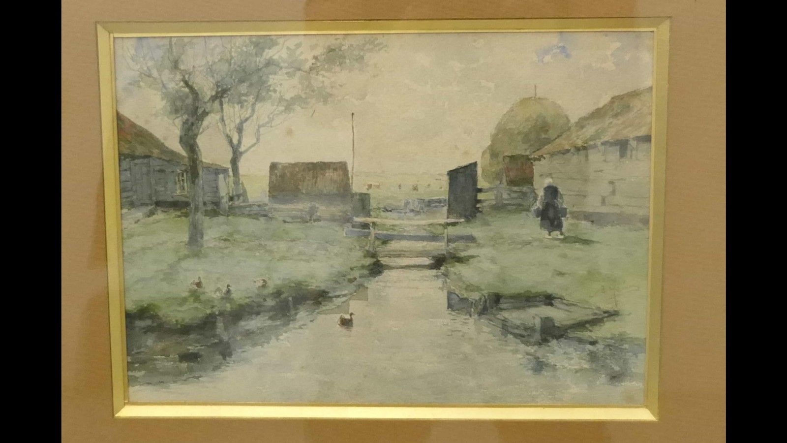 Null A.Meine："小河与农场和农妇"，水彩画，已签约，约 25x35cm，玻璃框装裱