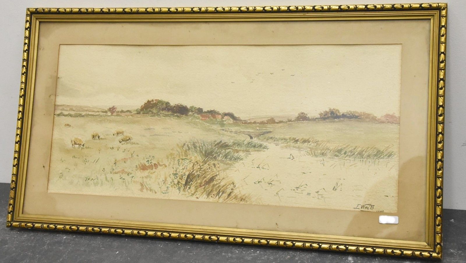 Null "有羊的沙丘风景"，水彩画，有 EW de B 字样，1909 年，约 24 x 53 厘米，玻璃后装裱