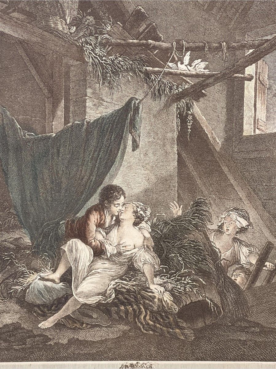 Null "Scène romantique avec personnages", gravure sur cuivre, encadrée derrière &hellip;