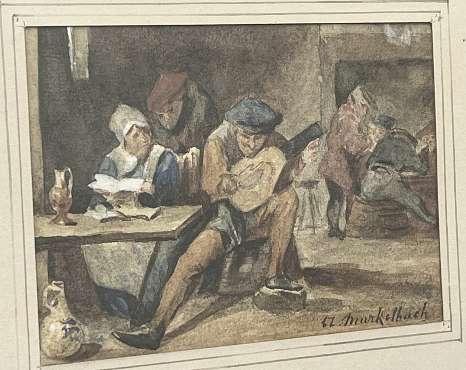 Null 亚历山大-马凯尔巴赫（1824-1906 年）《Interieur mit Gitarrenspieler》，水彩画，已签名，图片尺寸约 11 x 1&hellip;