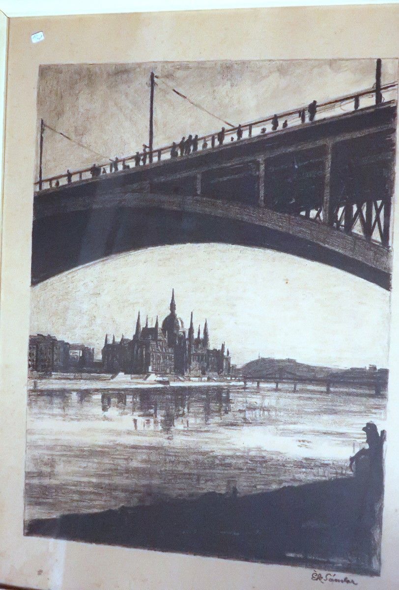 Null "布达佩斯景色--议会景色"，木炭画，署名 Ek Sandor（1902-1975 年），约 49x38 厘米，玻璃后装裱