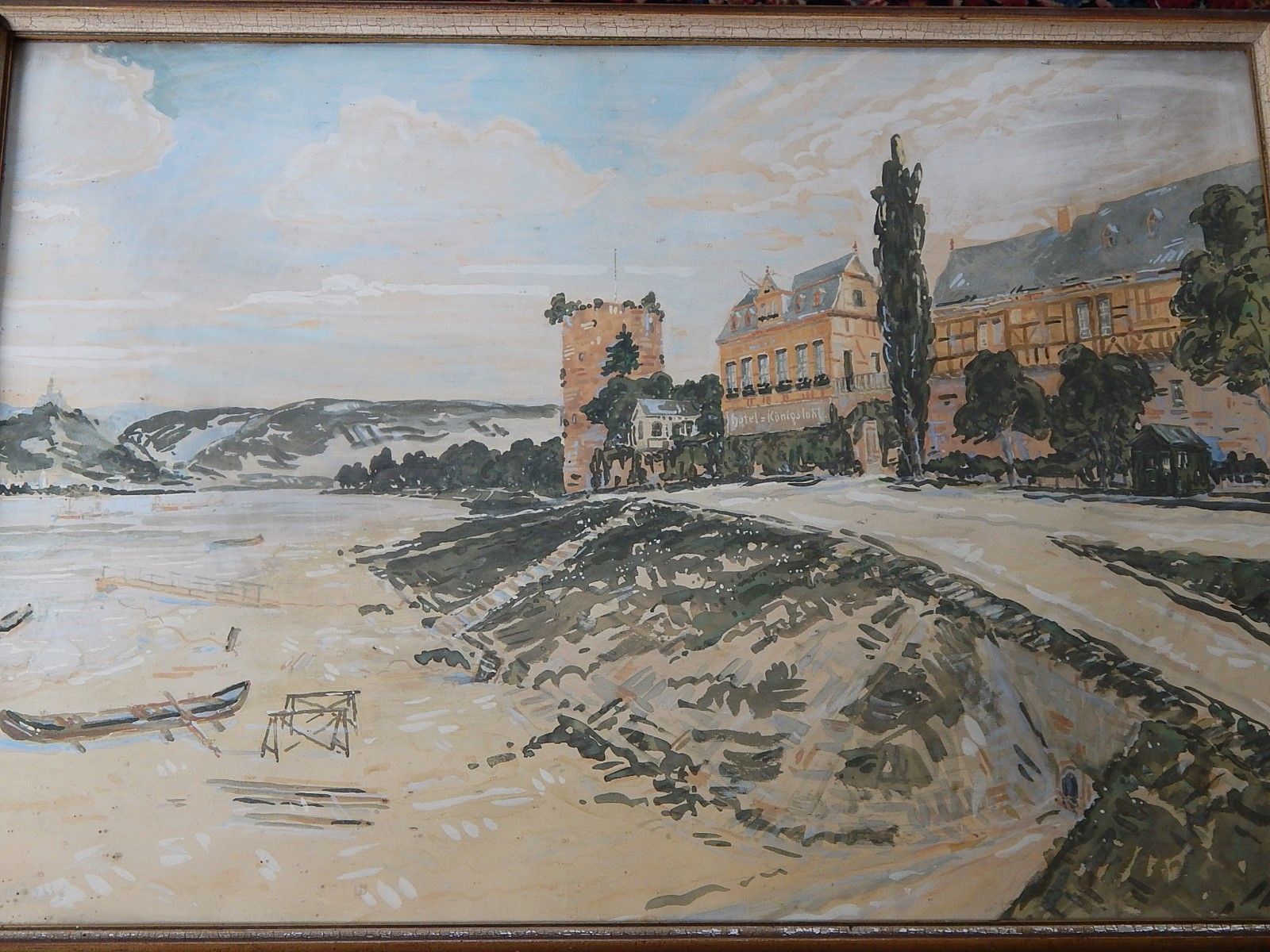 Null W.Hartung "Hotel Königsstuhl am Rhein"，水彩画，有签名，年代（19）37，玻璃后装裱，尺寸约 50x70