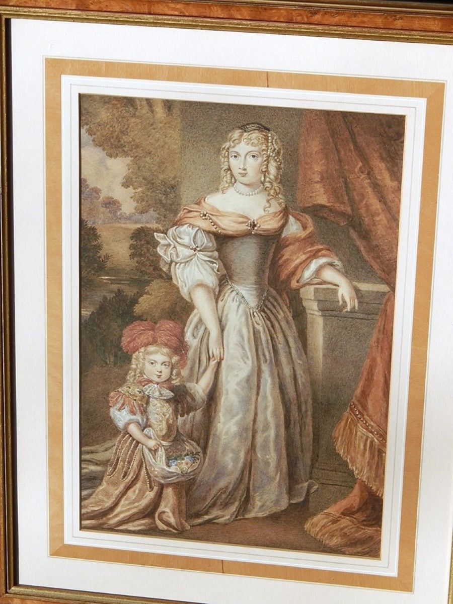 Null "Elegante signora con bambino", litografia a colori, incorniciata dietro ve&hellip;