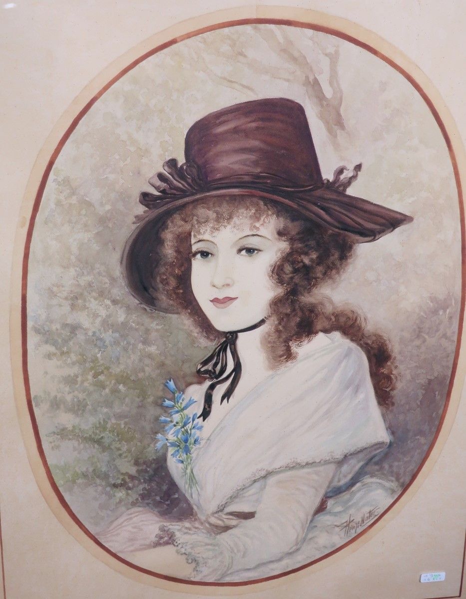 Null "一位女士的肖像"，水彩画，署名亨利-奈特，玻璃后装裱，约 55x40 厘米