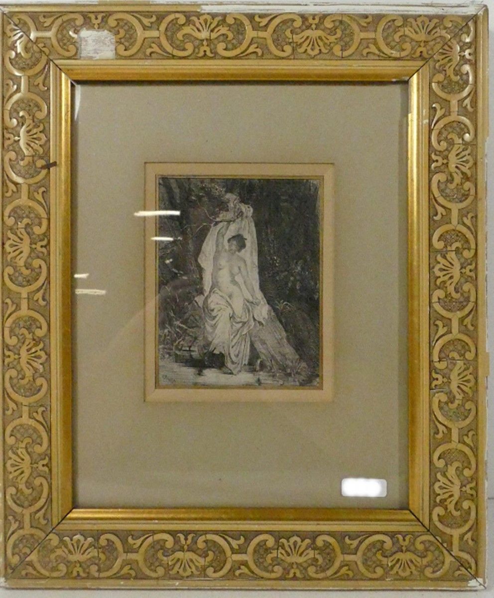 Null "Femme demi-nue dans un paysage romantique", probablement gravure sur bois,&hellip;