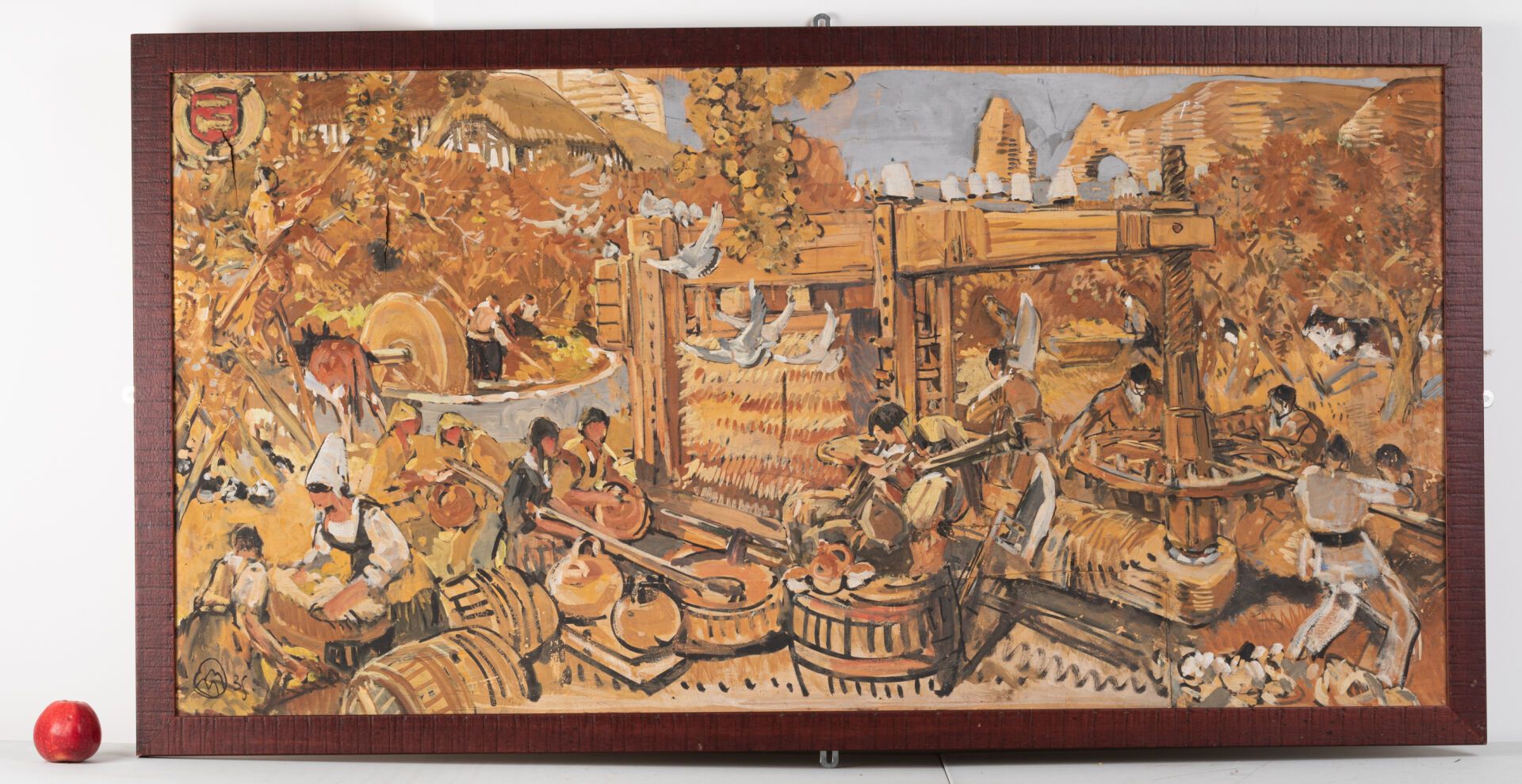 Mathurin MEHEUT (1882-1958) 苹果酒的制作

纸上水粉画

H.71厘米。宽141厘米

左下方有图案和日期(19(35))

撕裂，&hellip;