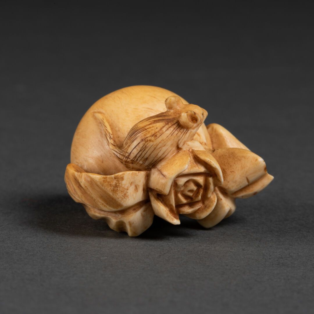 JAPON - Début XXe siècle NETSUKE en forme de pêche de longévité surmontée d'un r&hellip;