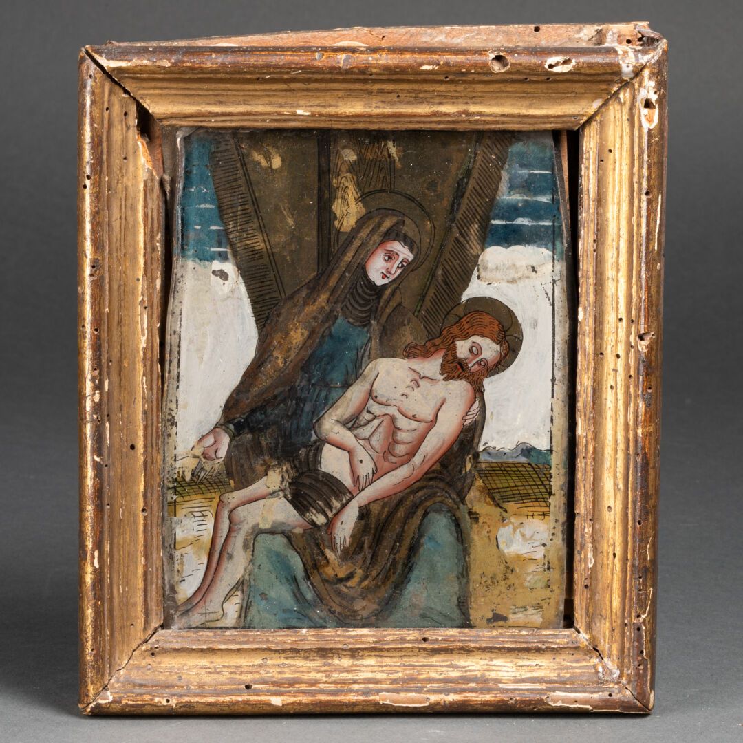 Ecole naïve du XVIIe siècle PIETA sur fond de paysage 

Peinture fixée sur verre&hellip;