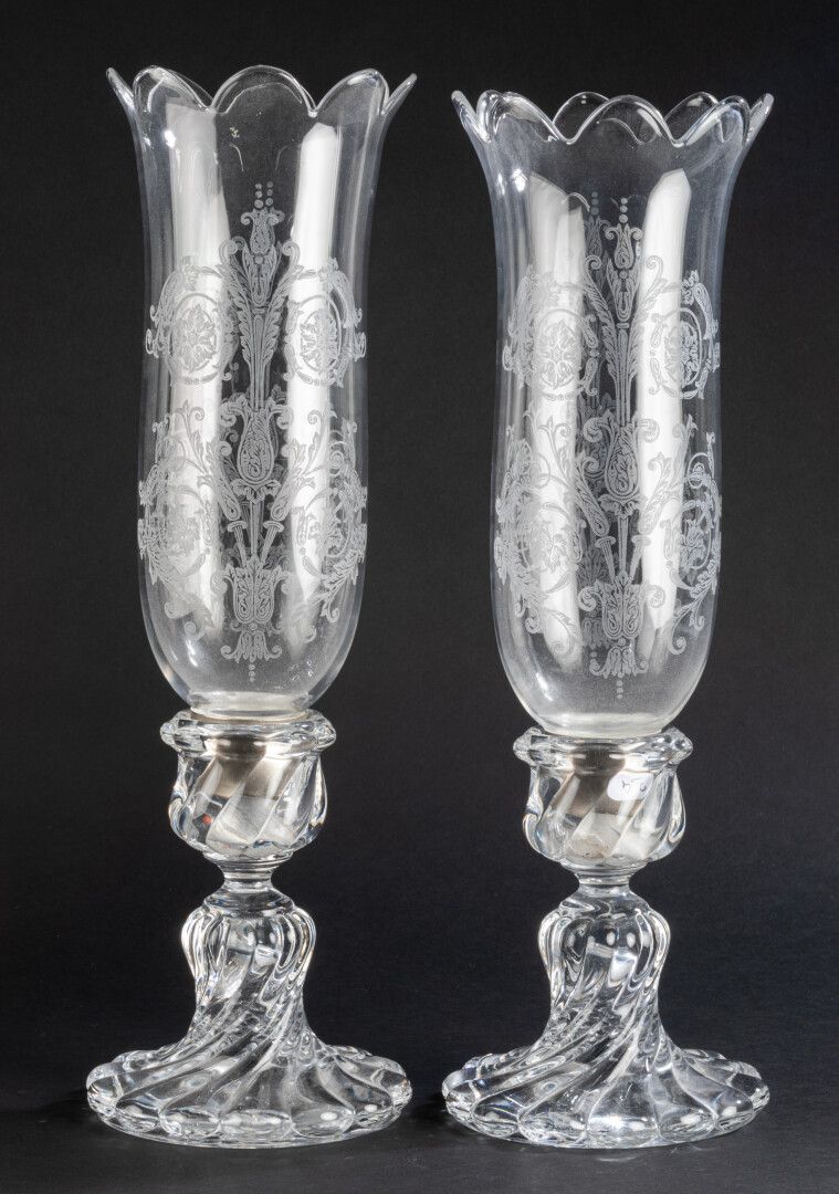 BACCARAT France Pair of crystal CANDLES. 

The baluster base with twisted gadroo&hellip;