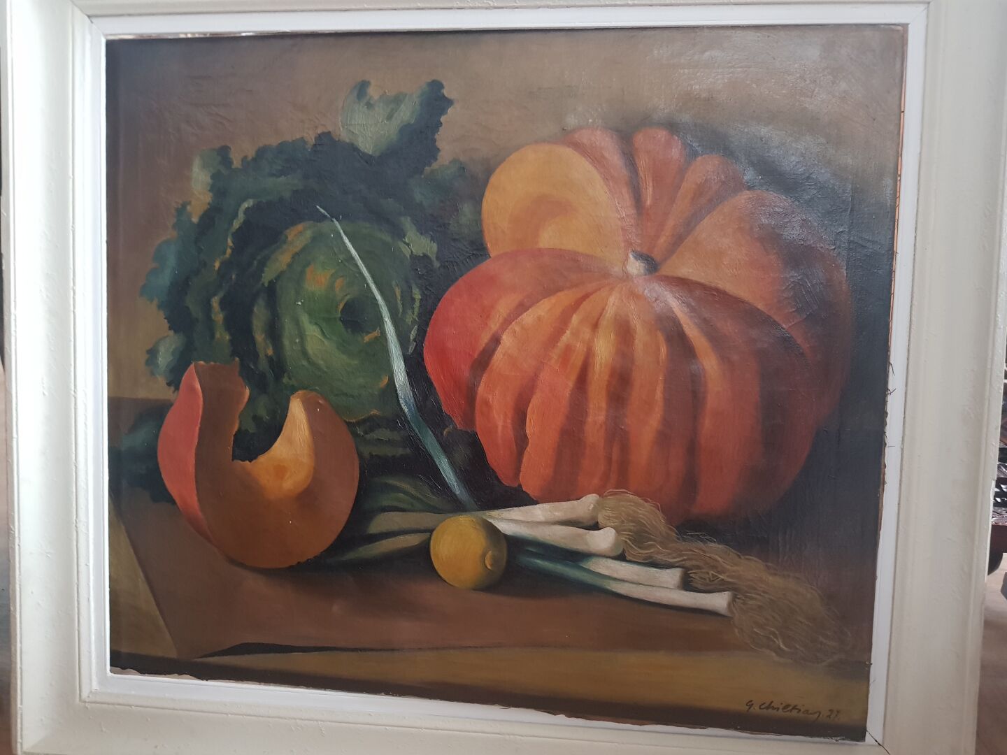 Grigor CHILTIAN (1900-1995) 南瓜、卷心菜和韭菜静物画

布面油画，彩绘木框

H.76.5厘米。宽89厘米

右下角签名：G. Ch&hellip;