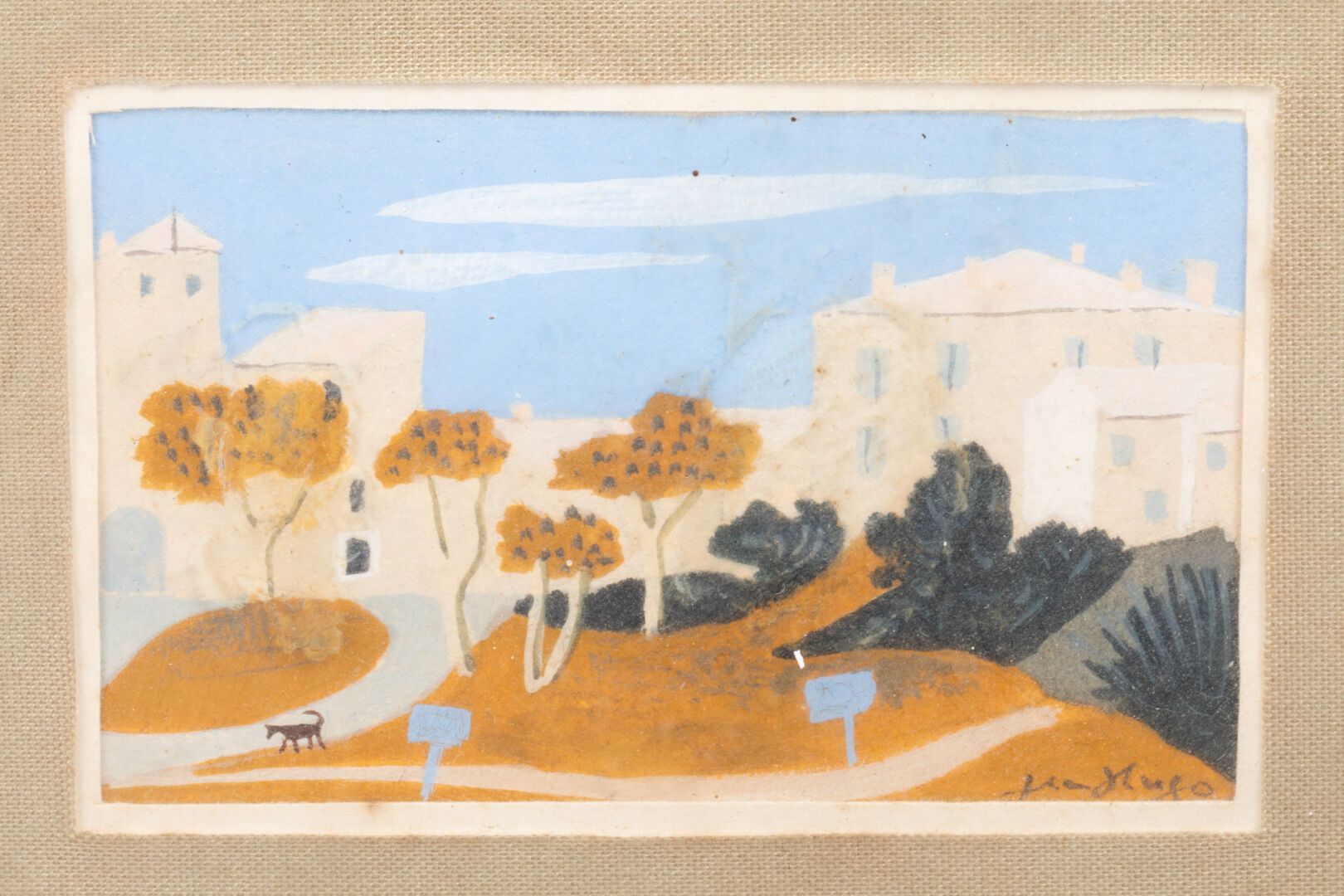 Jean HUGO (1894-1984) 景观与猫

纸上水粉画，编织的玛丽-路易丝和发黑镀金的木框

H.4.7厘米。宽7.7厘米(正在观看)