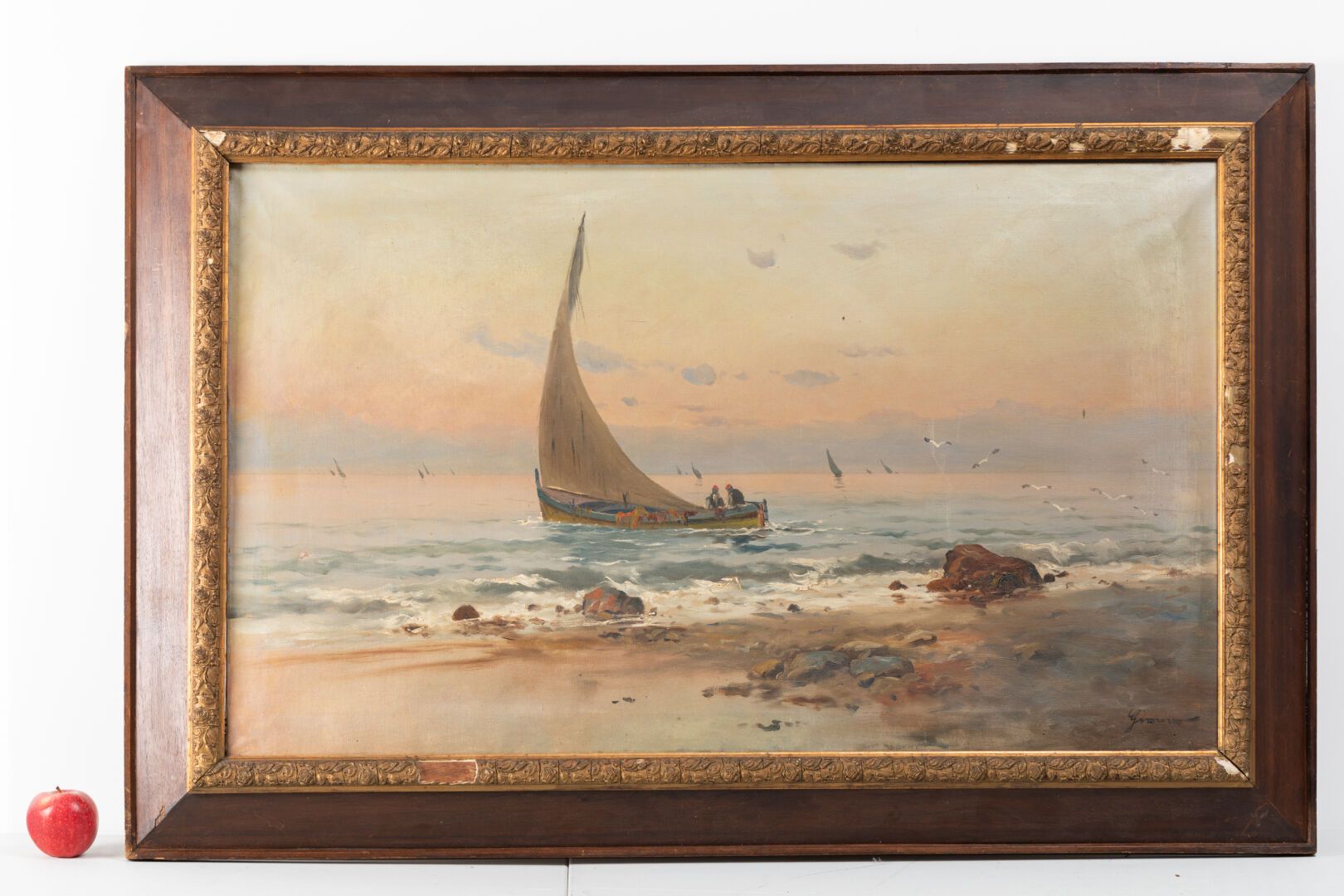 Domingo Gimeno Fuster (1909-1978) 黎明时分的捕鱼场景

布面油画，雕刻和镀金木框

H.59.5厘米。宽99厘米

下沉、紧张&hellip;