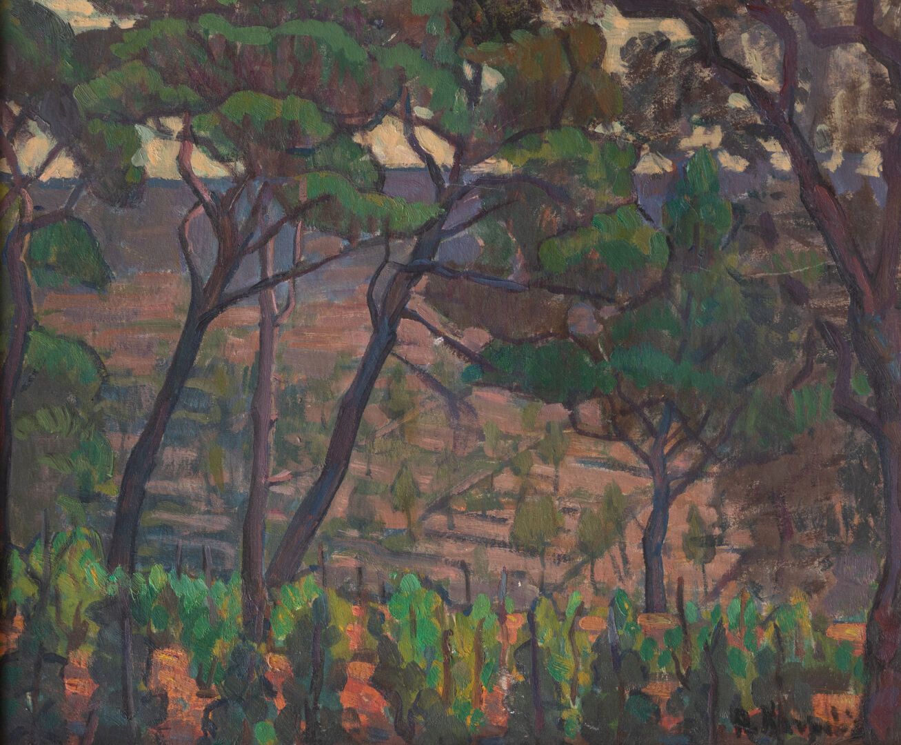 Andrée KARPELES (1885-1956) 古老的葡萄树

纸板上的油彩

右下方有签名，背面有签名和标题

H.38 cm.W. 45,5 cm