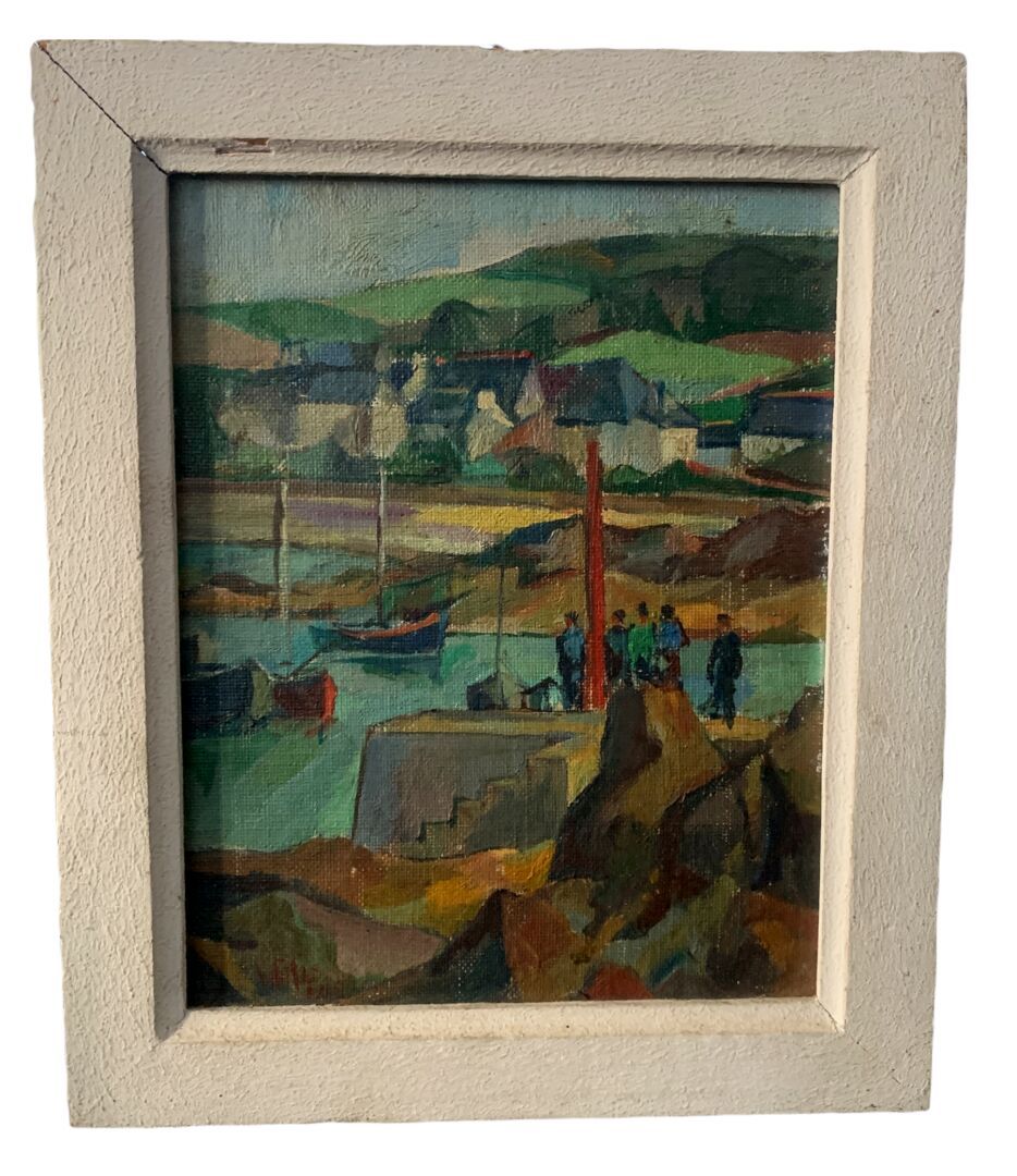 MACARIO VITALIS (1898-1990) Vue d'un port breton 

Huile sur panneau 

H. 24 cm.&hellip;