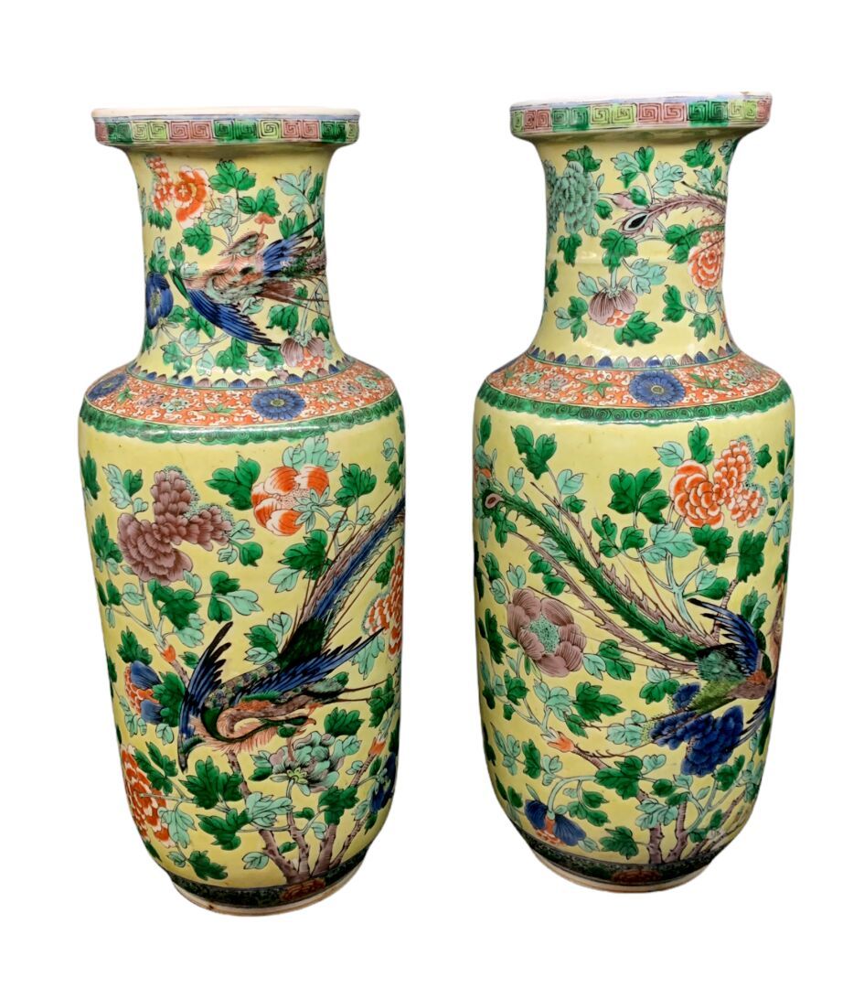 CHINE - XIXème siècle Paire de VASES rouleau à décor de phénix dans la végétatio&hellip;