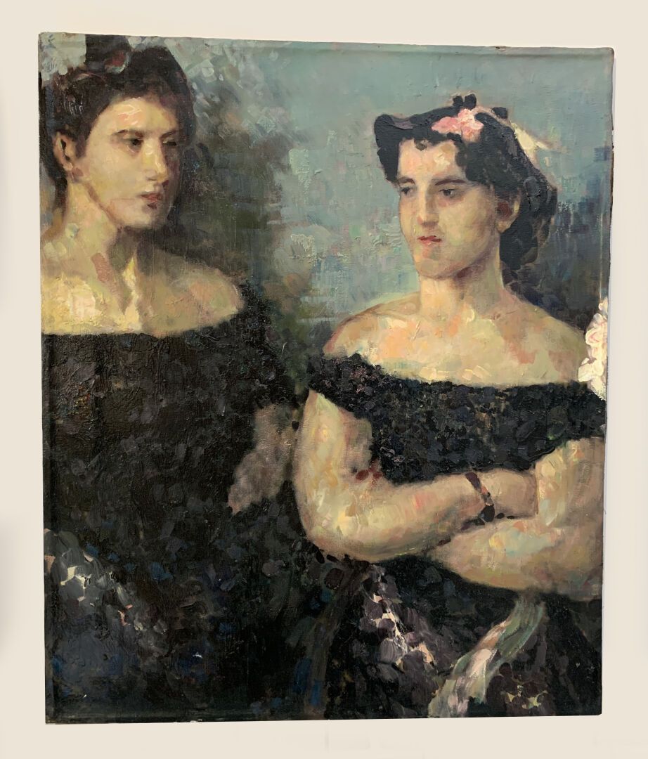 Ecole ITALIENNE du XXème siècle Deux femmes sur fond bleu 

Huile sur toile 

H.&hellip;