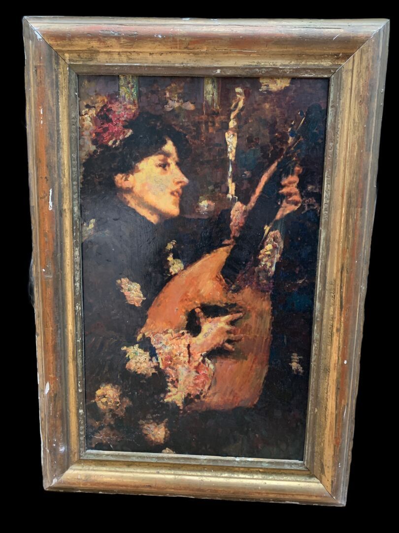 Ecole ITALIENNE du XXème siècle Joueuse de mandoline 

Huile sur panneau 

H. 61&hellip;
