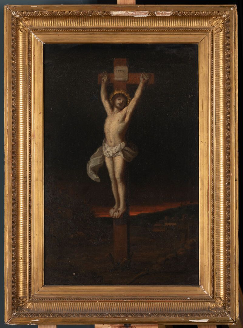 ECOLE DU XVIIIe SIÈCLE Crucifixion 
Huile sur toile 
H. 53,5 cm - L. 35 cm 
Rent&hellip;