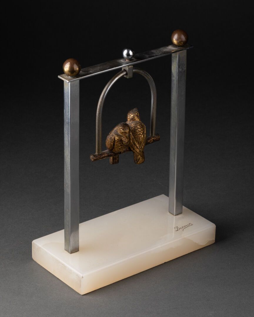 Michel DECOUX (1837-1924) Spatzenpaar auf einer beweglichen Sitzstange. 

Bronze&hellip;