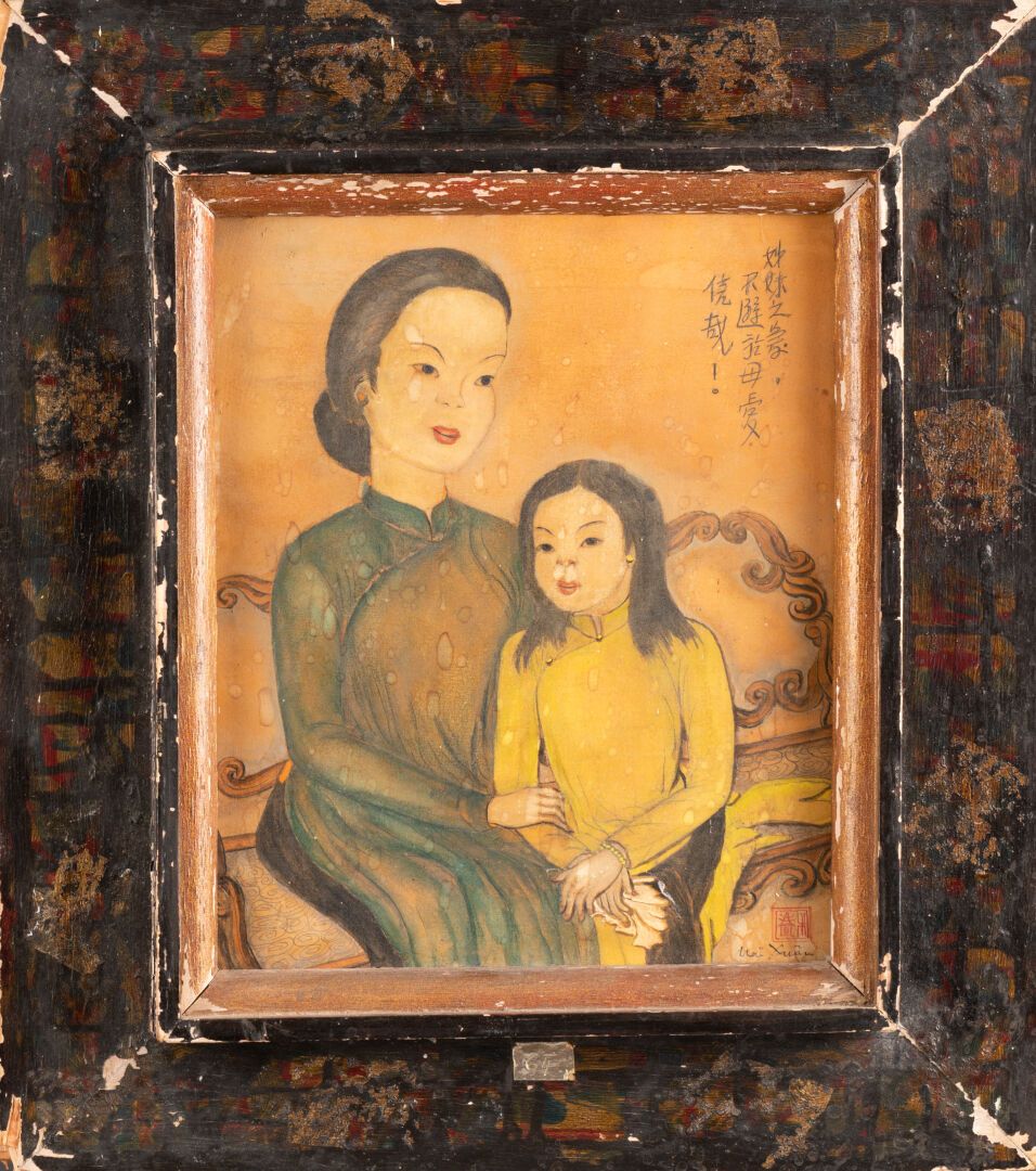 Mai XUAN (XX) 母亲和孩子

纸上水彩和水粉画，装在面板上

右下方有签名

29 x 23.5 cm

污渍