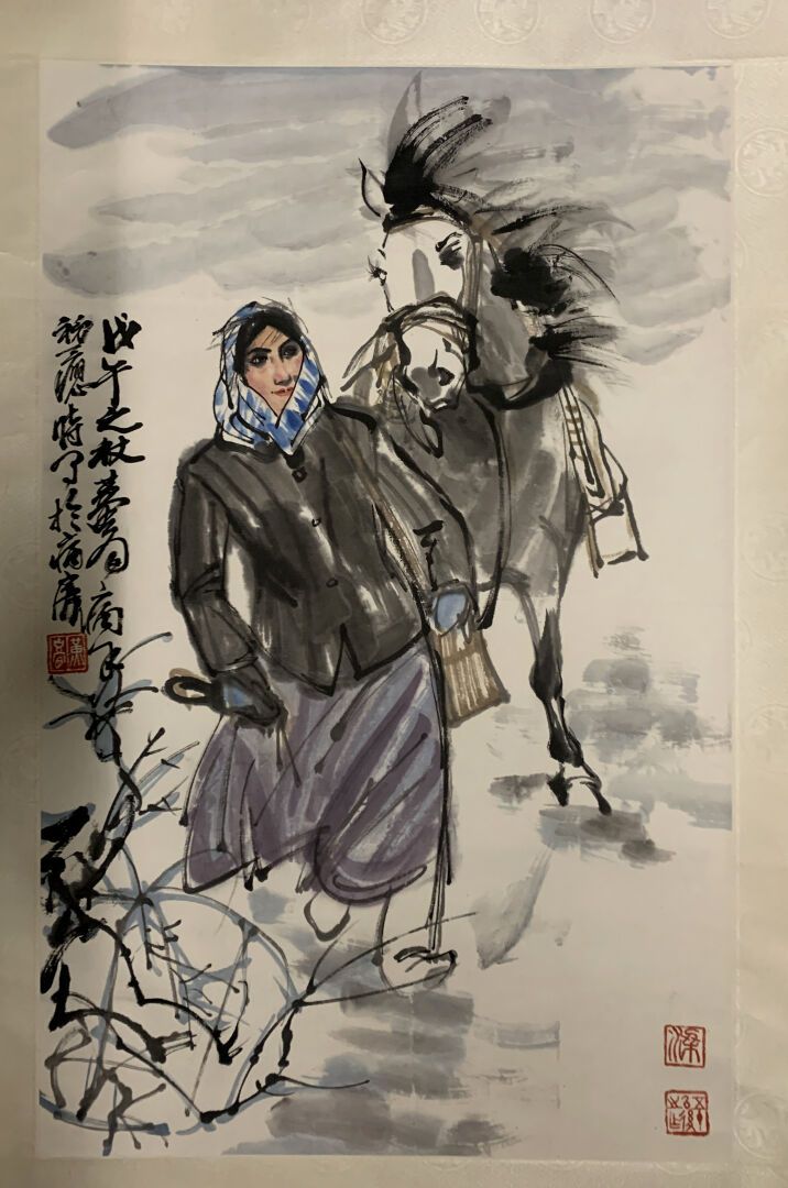 HUANG Zhou (1925-1997), attribué à Jeune femme et sa monture 

Encre sur papier,&hellip;