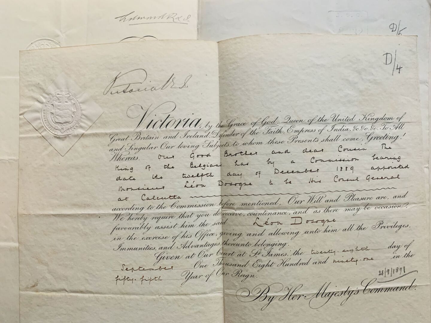 SOUVERAINS ÉTRANGERS 一套7份关于莱昂-多索涅外交生涯的文件：各领事馆的任命和执业授权。
维多利亚女王（1891年）、国王爱德华七世（190&hellip;