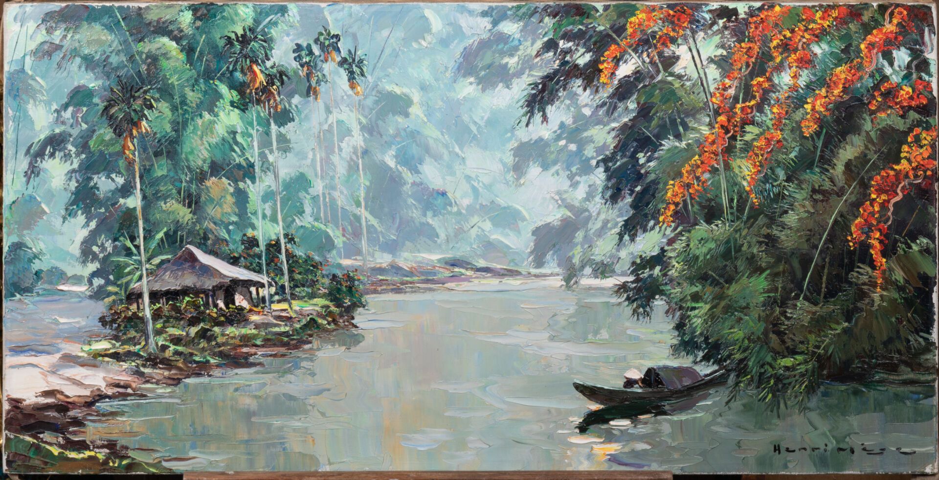 Henri MEGE (1904-1984) Pescador y su junco en el río, Hué 
Óleo sobre lienzo 
Fi&hellip;